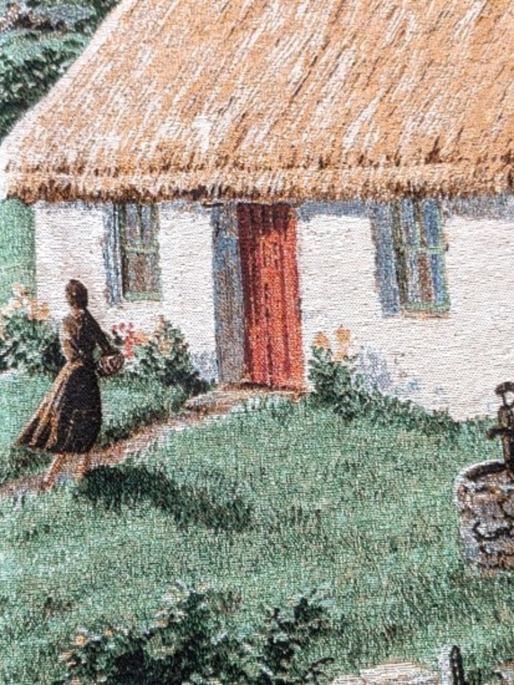 Cotton Rural Cottage Tapestry Wall Hanging Thatched Cottages and Cart 54"x38" - Picture 5 of 7